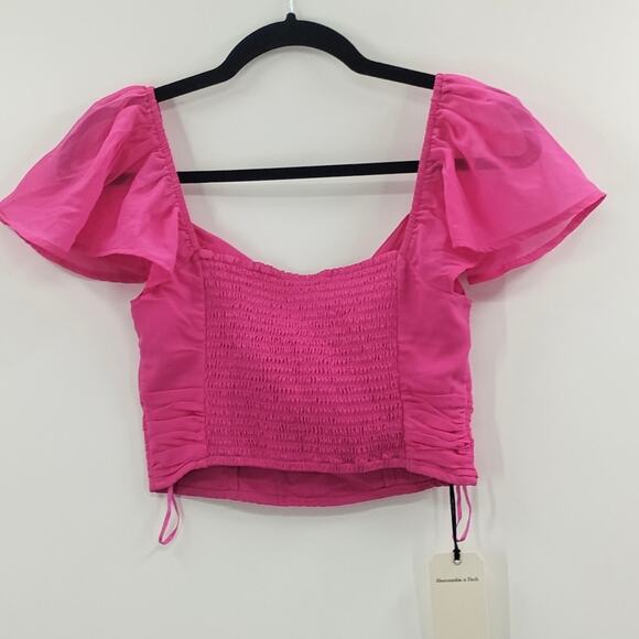 NWT Abercrombie & Fitch Crop Top Pink Ruched Pleated Flutter Sleeves Size XS - Picture 3 of 4
